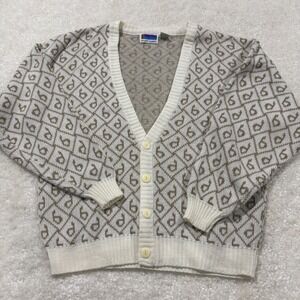 Vintage Sweater Graphix Cardigan Mens L Tan Cream Geometric Monogram Knit V-Neck